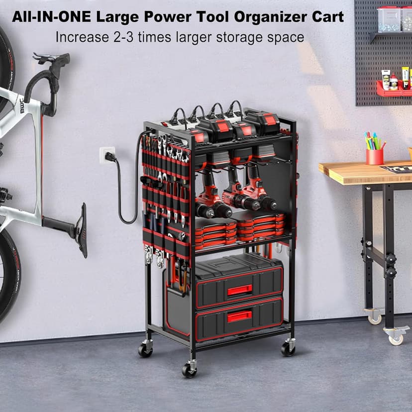 Floor Standing, Large Garage Rolling Storage Cart on Wheels, Heavy Duty Drill Battery Storage Rack, with 8 Outlet Power Strip JUNNUJ Power Tool Organizer Cart with Charging Station, 6 FT Cord, Red B0D1QVKWGH