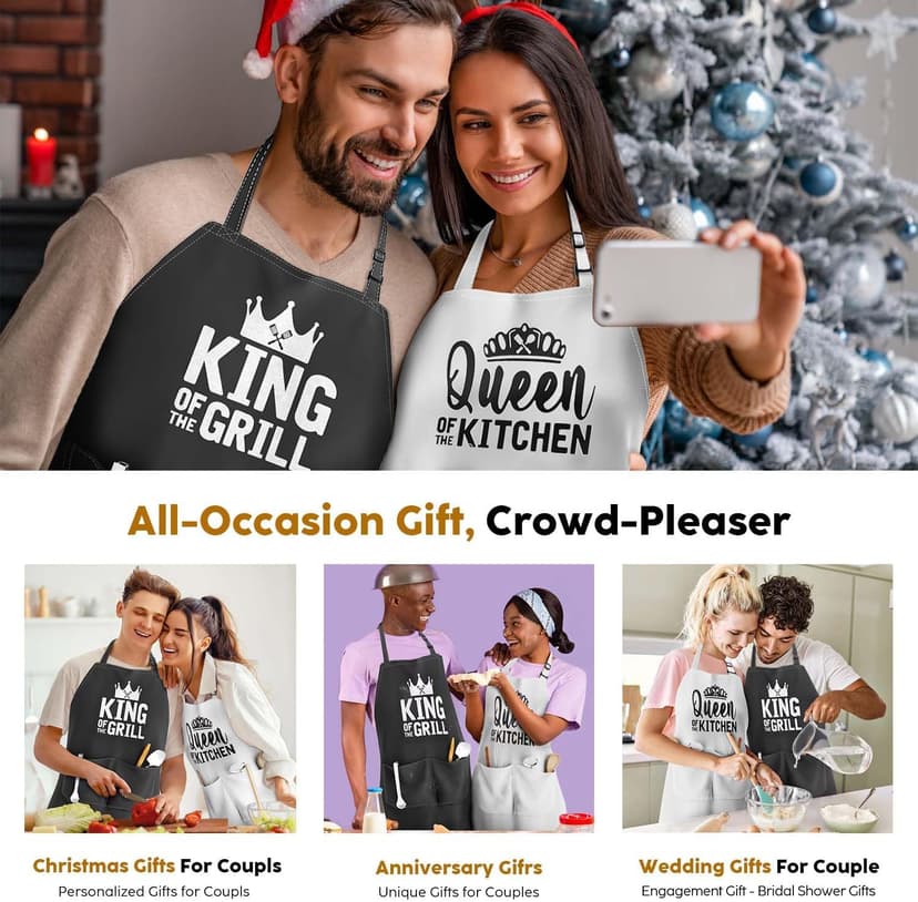 King & Queen Apron Set - Wedding Engagement Gifts for Couples, Funny Kitchen Gifts for Couples, Husband, Wife, Boyfriend, Girlfriend, Him Her, Bridal Shower Gifts, Unique Valentine's Day gifts ideas