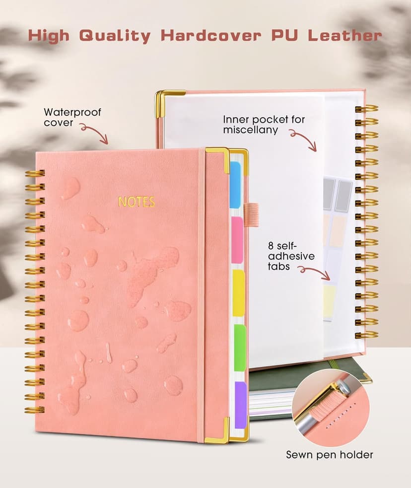 Hardcover Spiral Notebook journal with Removable Dividers Tabs, 300 Pages Leather 5 Subject Notebook College Ruled, 8"x10" Large B5 Notebooks for Work School Note taking, Lined Journal for Women,Pink B0D44Y2NSF
