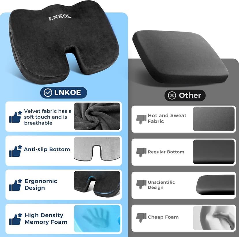 Gel Memory Foam Layer Wheelchair Cushion - Wheelchair Office Chair, Kitchen Chair, Car Seat - Pressure Pain and Tailbone Pain Relief - High Density Foam Base (Black)