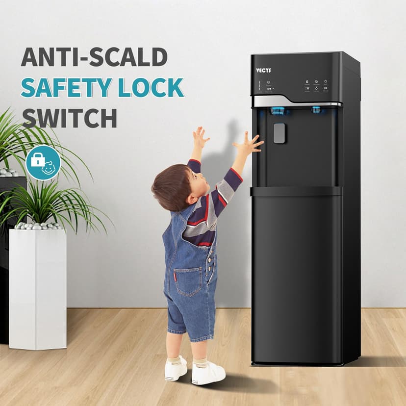 VECYS Self-Clean Bottom Loading Ice Maker Water Dispenser for 5 Gallon Bottle, Hot Cold Room Water 22LBS Daily Ice Making, Child Safety Lock, Black
