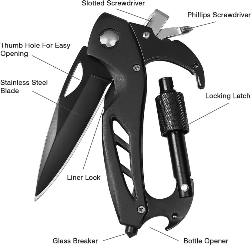Stocking Stuffers Gifts for Men, EDC Carabiners with Folding Knives, Window Breaker and Screwdriver, Gear for Camping Hiking FUNBRO Multitool Carabiner with Pocket Knife, Bottle Opener B09YCNTY8B