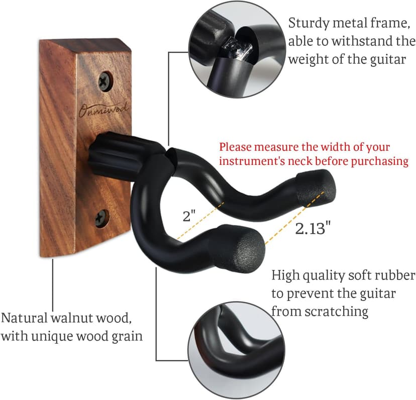 Guitar Wall Mount 2 Pack, Black Walnut Wood Guitar Hanger, U-Shaped Guitar Wall Hanger Mount, Guitar Holder Hook Stand Wall for Acoustic, Electric Guitar, Banjo, Bass, for Guitar Player Men Boy