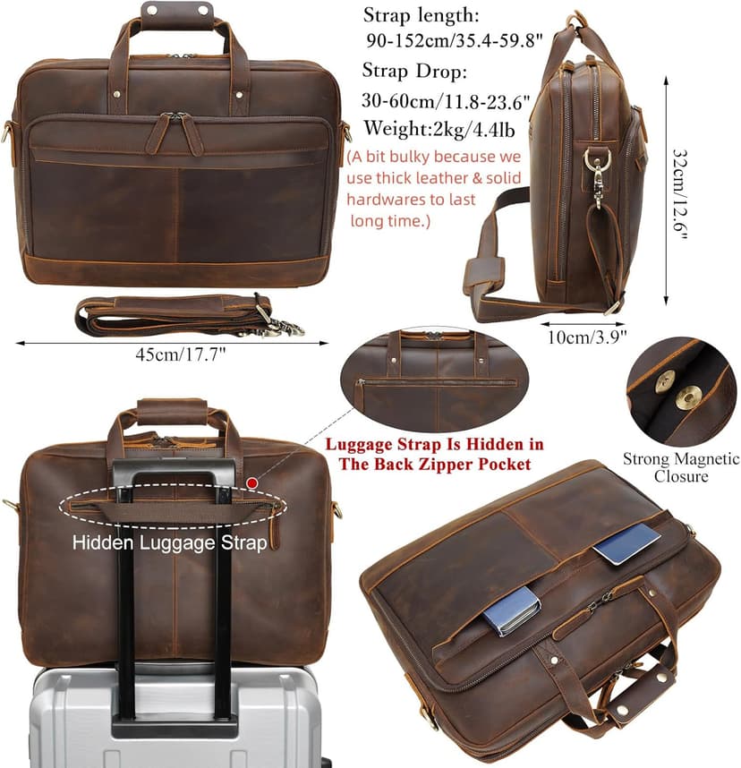 Masa Kawa Leather Briefcase for Men 17/15.6" Laptop Crossbody Shoulder Messenger Bag Business Travel Work Attache Case