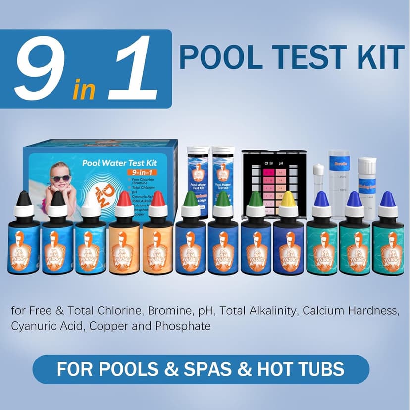 9 Way Pool Test Kit - Hot Tub and Spa Water Chemical Test Kit for pH & Total Chlorine & Free Chlorine & Bromine & Total Alkalinity & Calcium Hardness & Cyanuric Acid & Copper & Phosphate