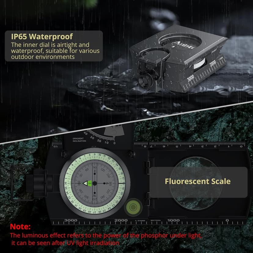 Anbte Compass Hiking Survival, IP65 Waterproof Metal Compass with Sighting Clinometer and Carry Bag, Multifunctional, Professional, for Camping Hunting Hiking Navigation