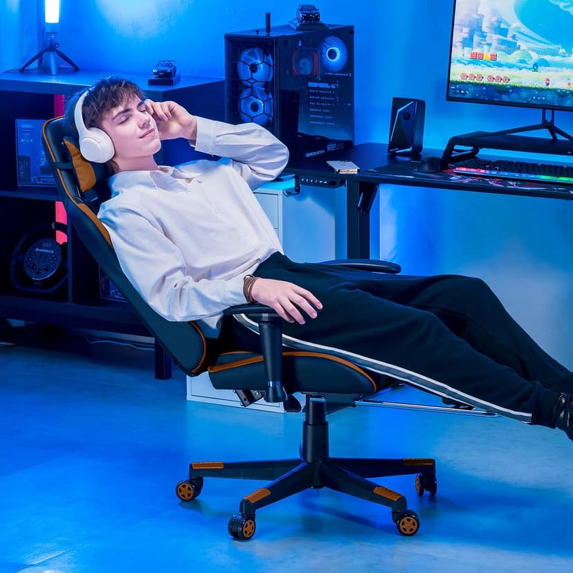 GTPLAYER Gaming Chair with Footrest, Ergonomic Computer Game Desk Chair, Recline Gaming Chair Seat Height Adjustment, Swivel Rocker with Headrest and Lumbar (Brown)