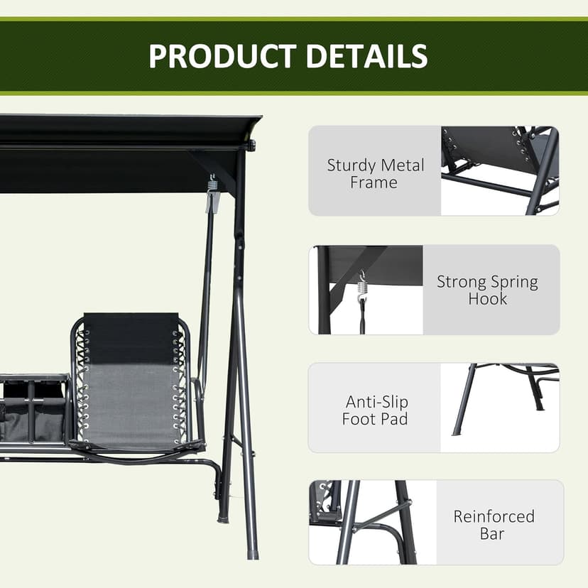 Outsunny 2-Seater Patio Swing Chair, Outdoor Canopy Swing Glider with Pivot Storage Table, Cup Holder, Adjustable Shade, Bungie Seat Suspension and Weather Resistant Steel Frame, Black