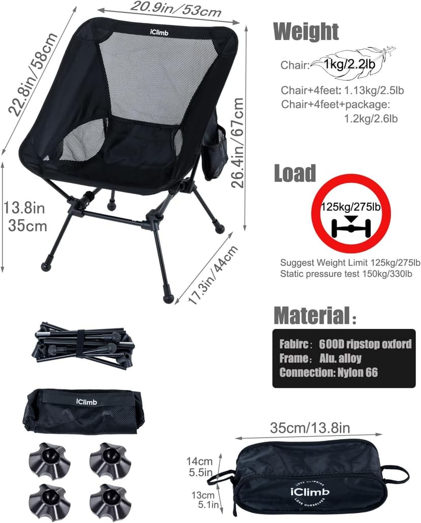 iClimb Ultralight Compact Camping Folding Beach Chair with Anti-Sinking Large Feet and Back Support Webbing (Black - Square Frame)