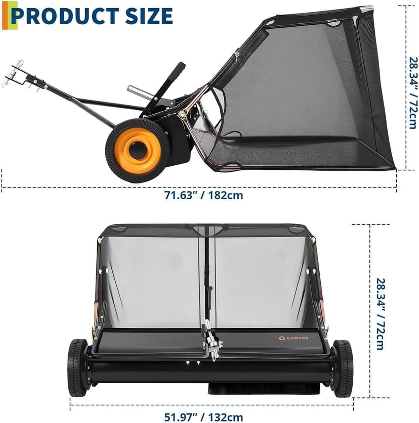 44 Inch Tow Behind Lawn Sweeper, 26 cu. ft. Large Pull Behind Grass Sweeper Heavy Duty Leaf & Grass Collector with Dumping Rope Design, Adjustable Sweeping Height for Yard and Grass Cleanup Tool