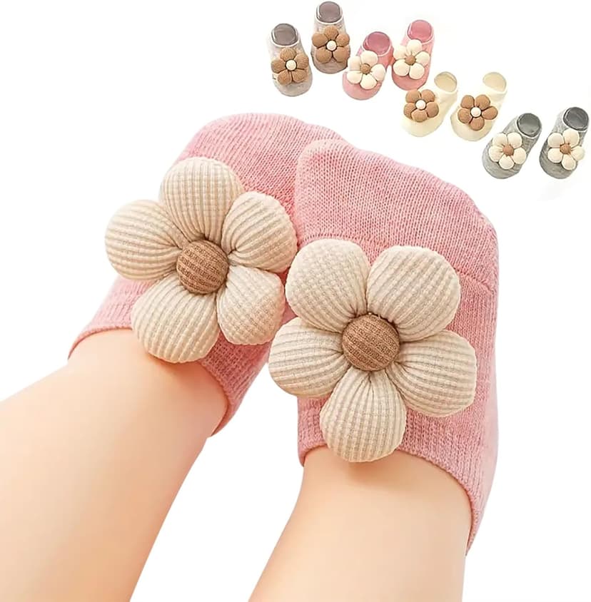 4Packs Baby Girls Socks,Flower Non-Slip Grips for Babies Toddler Princess Low Cut Ankle Socks for Girls