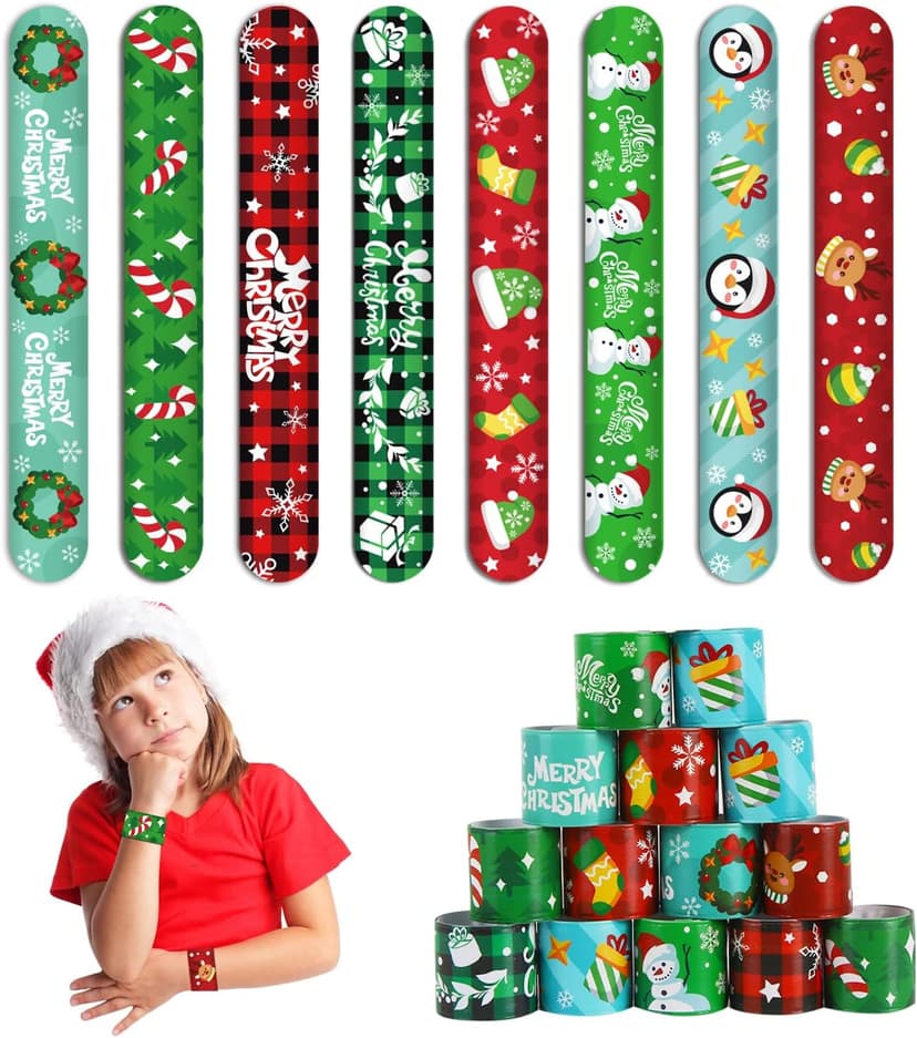 CCINEE 48Pcs Christmas Slap Bracelets，Xmas Slap Wristbands Assorted Pattern Snap Wristbands for Kids Christmas Party Favors Gift Bag Filler