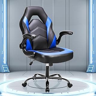 OLIXIS Computer Gaming Chair - PU Leather Ergonomic Lumbar Support with Flip-up Armrest and 360° Swivel Wheels, Height Adjustable Task Home Office Desk Video Racing, Black and Blue