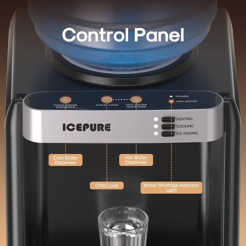 ICEPURE 3-in-1 Water Dispenser with Built-in Ice Maker, Water Cooler Dispenser for 5 Gallon Bottle Top Loading, Hot and Cold Water Dispenser with Child Lock for Home and Office, 33lbs/24H