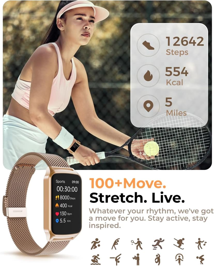 paybay Fitness Tracker Watch for Men Women, Activity Tracker for iPhone and Android with Step Counter, Calorie, Sleep Monitor, 110+ Sports Modes, IP68 Waterproof Smartwatch (Minimalist, Gold, 1.57)