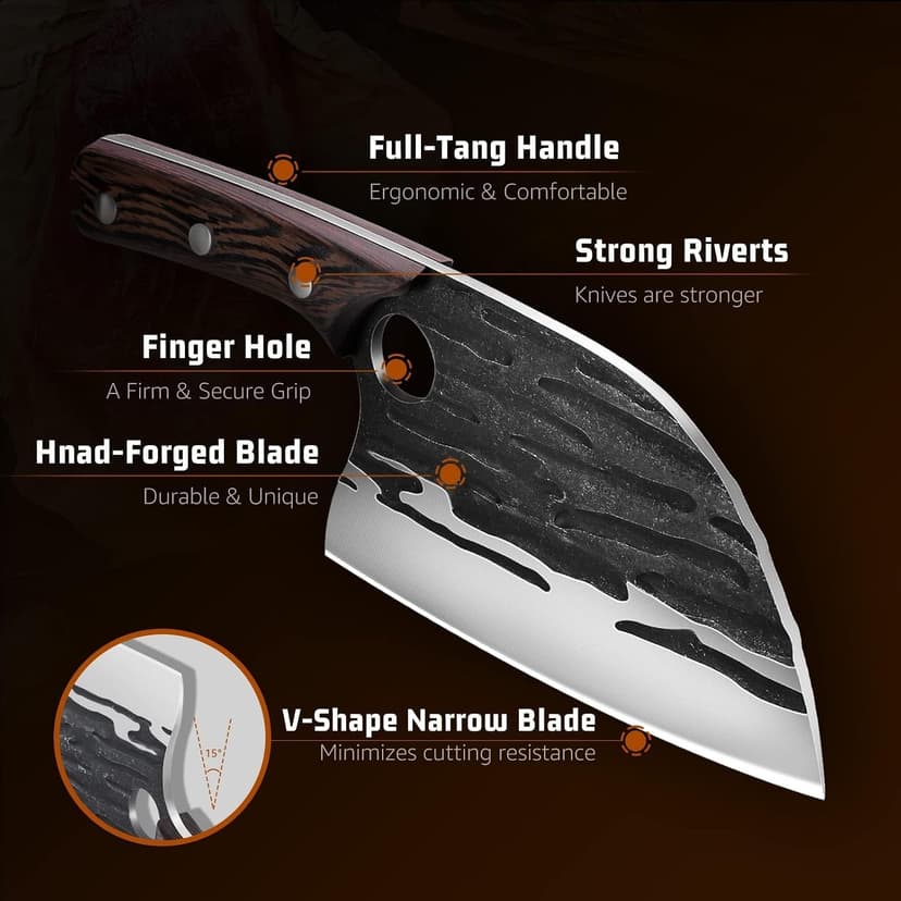 Heavy Duty Serbian Chef Knife for Meat & Bone Cutting, Full Tang Ergonomic Wood Handle, BBQ Camping Gift for Men & Dad Huusk Meat Cleaver Knife with Sheath, Hand Forged Chopping Butcher Knives B0BCVZGPVM