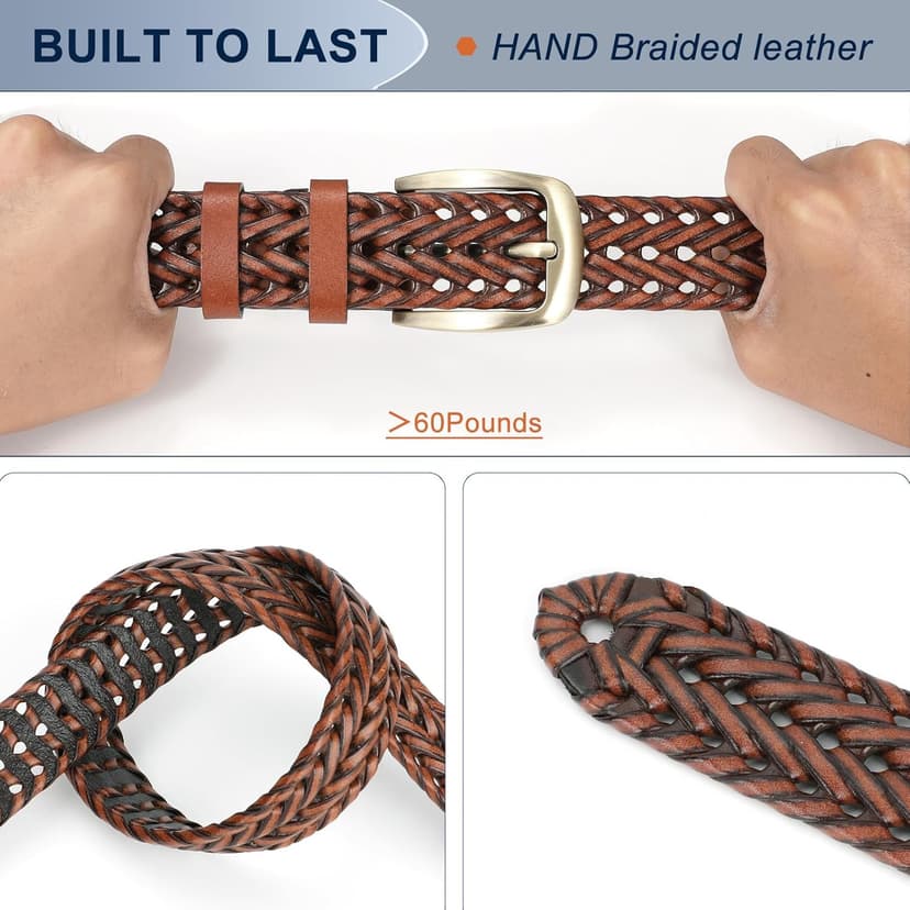 BELTROAD Braided Leather Belt for Men Casual Jeans Golf, Men's Leather Woven Alloy Buckle Hand Braided Belts Gift for Men