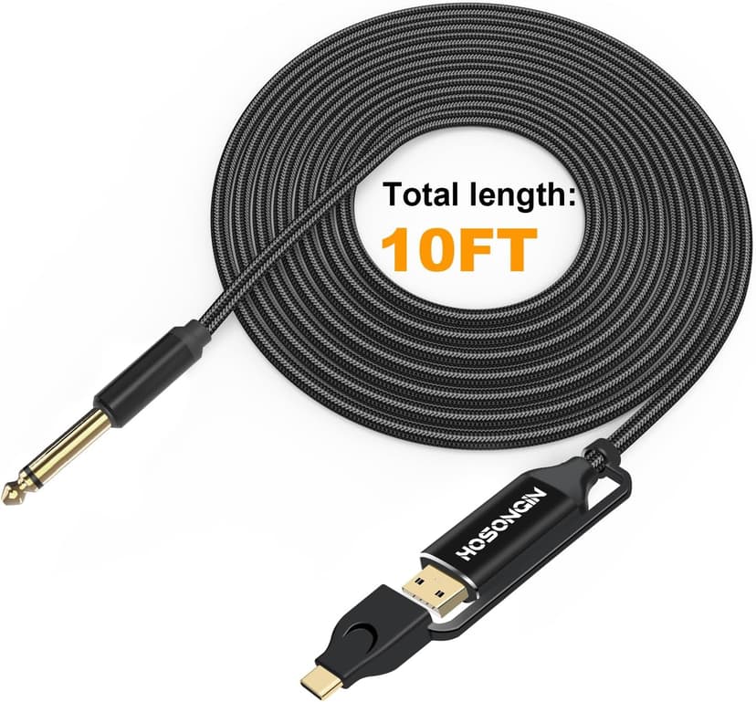 HOSONGIN USB Guitar Cable, Dual USB-C and USB-A Connectors, 16-bit/48kHz High-Fidelity Audio Adapter for Electric Guitar/Bass, Compatible with GarageBand, Audacity, and MacBook, 10 Feet