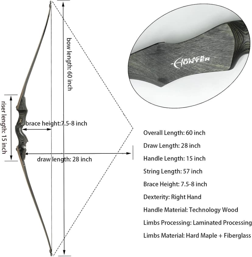 Black Hunter Archery Takedown Bow Longbow American Longbow Adult Right Hand Hunting Wood Bow 60",30-60lbs Target Practice