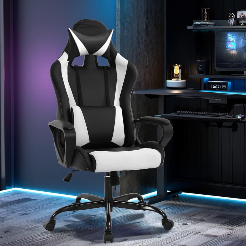 Gaming Chair Office Chair High-Back Ergonomic Video Game Chairs for Kids Teen Adult Height Adjustable Reclining Computer Chair with Lumbar Support Armrest Headrest Game Chair - White