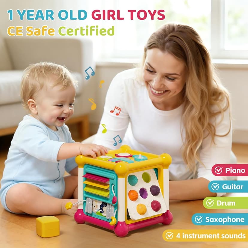 PANITU Baby Activity Cube, Cube Toys for Babies 6-12 Months, Toddler Music Busy Board with 4 Sensory Shape Blocks, 6-in-1 Educational Early Development Toy, Christmas, Birthday Gift for 1 Year Old