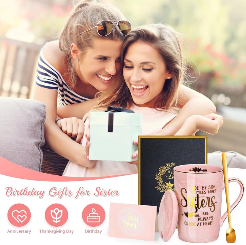 14oz Pink Marble Coffee Mug with Gold Print, Lid, Spoon, Greeting Card and Elegant Gift Box, Present for Big Sister Sister Birthday Gifts for Sister from Brother Sisters, 14oz Sisters Mug B0855VHN6G