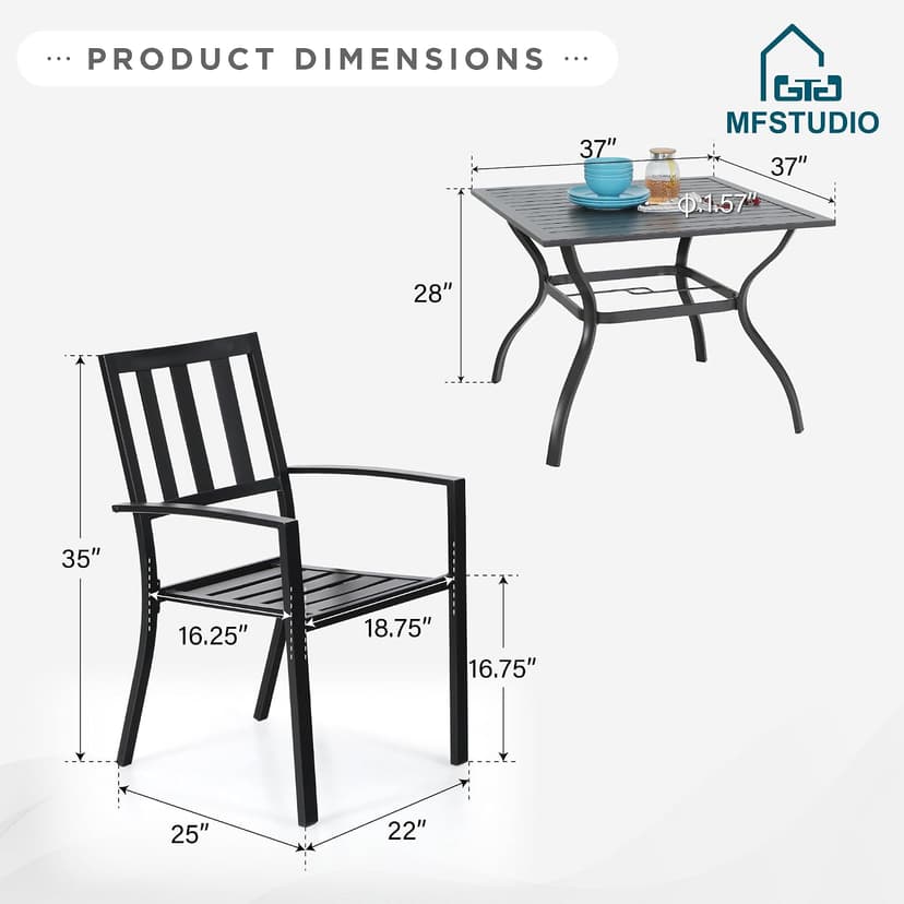 MFSTUDIO Outdoor Dining Set for 4, Patio Table and Chairs Set with Umbrella Hole, Metal Patio Furniture Set for Patio, Deck, Yard, Porch