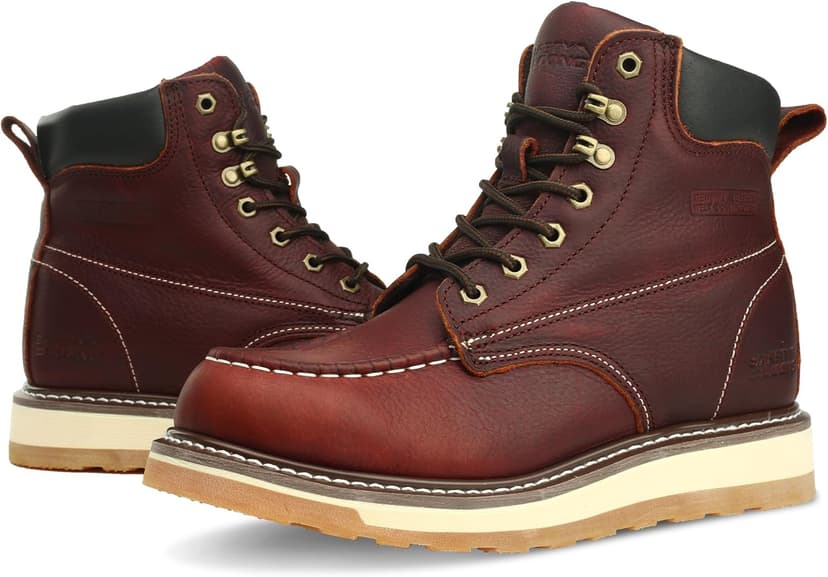 SAFETY LOONG Moc Toe Work Boots for Men Waterproof Soft/Steel Toe Comfortable Full Grain Leather Non Slip Wedge Outsole Construction 6" Workboots