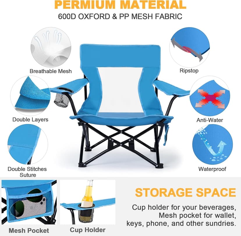 Joyfair Beach Camping Chair (2 Pack), Outdoor Folding Lawn Chair for Adult, Heavy Duty Portable Chair with Armrest for Outside Fishing, Sport, Cup Holder & Storage Pocket, Carry Bag (Blue, Classic)