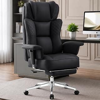 Office Desk Chair, High-Back Big and Tall Leather Chair with Footrest, Ergonomic Reclining Computer Chairs, Comfy Executive Wide Chair with Lumbar Support, Adjustable Padded Armrests, 400LBS (Black)