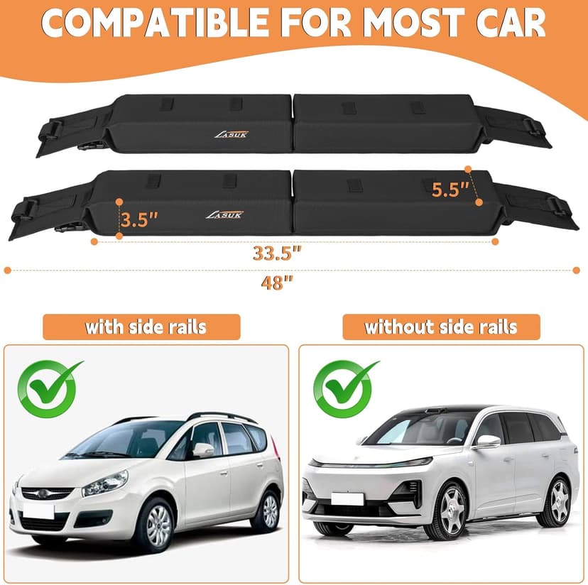 Universal Soft Roof Rack Pads for Kayak SUP Surfboard Snowboard Canoe, Heavy Duty Car Roof Rack System with 2 Tie Down Straps, 4 Quick Loop Straps, 2 Hood Loops, Tie Down Ropes and Storage Bag