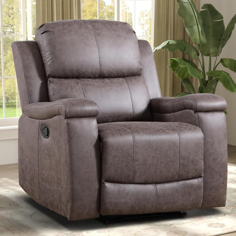 IOMOR Leather Recliner Chair, Manual Recliner Chair for Adults with Overstuffed Arms and Back, Single Sofa Recliner with Cup Holders for Living Room (1, Grey)