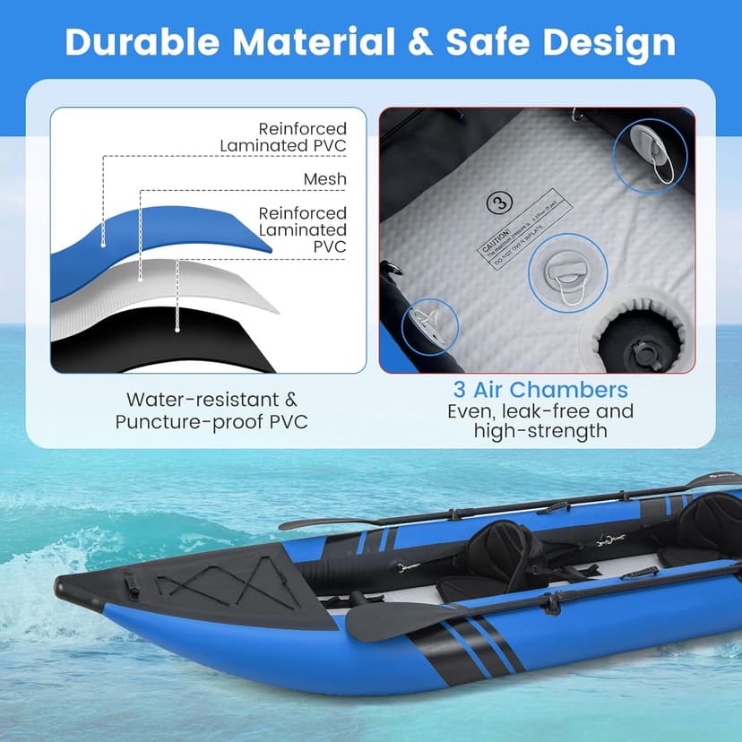 GYMAX Inflatable Kayak, 12.5Ft 507lbs Tandem Kayak with 2 Aluminum Paddles, 2 Padded Seats, Footrests, 2 Fins, Hand Pump, Carry Bag & Repair Kit, 2 Person Fishing Touring Kayak for Adults