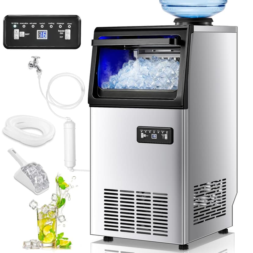 Commercial Ice Maker Machine, 100LBS/24H Freestanding & Undercounter Ice Machine with 2 Water Inlets, 40 PCS/Cycle and 24LBS Storage Bin, Stainless Steel, LED Display & Self-Cleaning for Home Bar