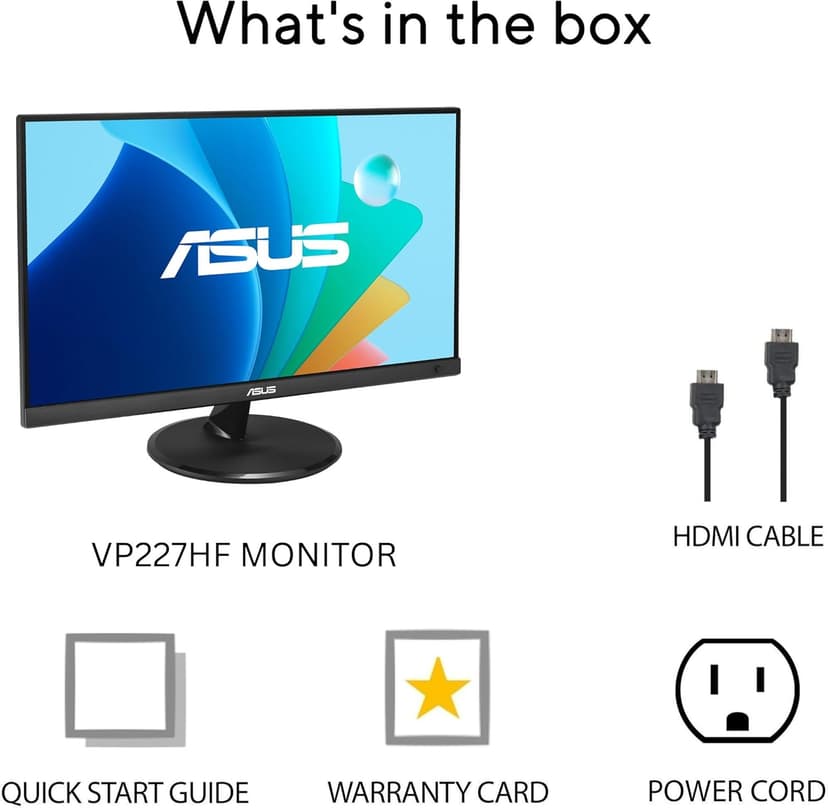 ASUS 22” 1080P Eye Care Monitor (VP227HF) - (21.45-inch viewable), Full HD, 99% sRGB, Frameless, 100Hz, Adaptive-Sync, 1ms, HDMI, Low Blue Light, Flicker Free, VESA Wall Mountable, 3 yr Warranty