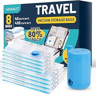 Vacuum Storage Bags for Travel, 8 Pack (4S+4XS) Vacuum Seal Bags with Wireless Rechargeable Electric Pump, Travel Essentials Space Saving Compression Bag for Clothes, Luggage, Suitcase, Backpack, Trip