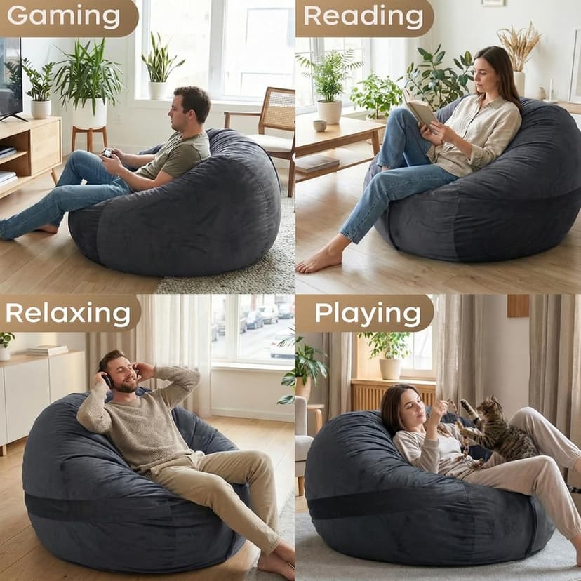 YuppieLife Large Foam Filled Bean Bag Chairs for Kids Teenagers Adults Living Room Gaming Relaxing 4F Machine Washable Lazy Sofa（Dark Grey