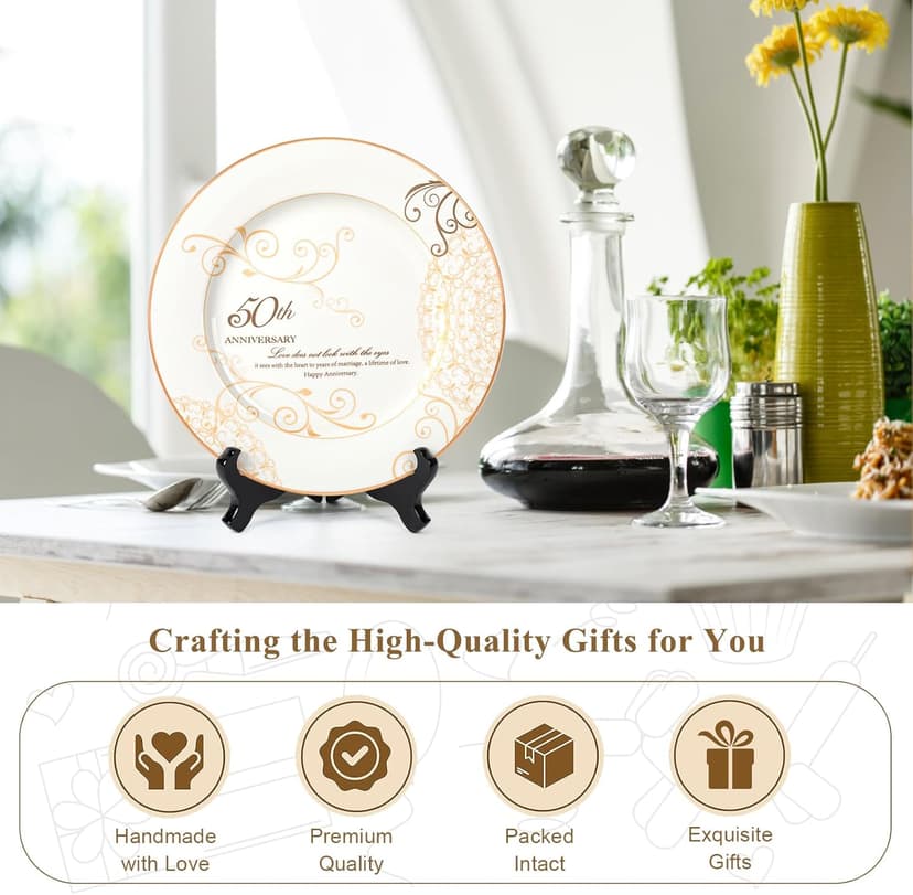 50th Anniversary Wedding Gifts for Couples Parents - 50 Year Marriage Plate with 24k Gold Foil, Golden Keepsake Gift, Ceramic 9 inch