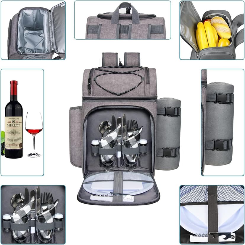 Hap Tim Picnic Basket Backpack for 2 Person with 2 Insulated Cooler Compartment, Wine Holder, Fleece Blanket, Cutlery Set, Gifts Ideals for Wedding, White Elephant, Bridal Showers, Christmas B09NLXDWYG
