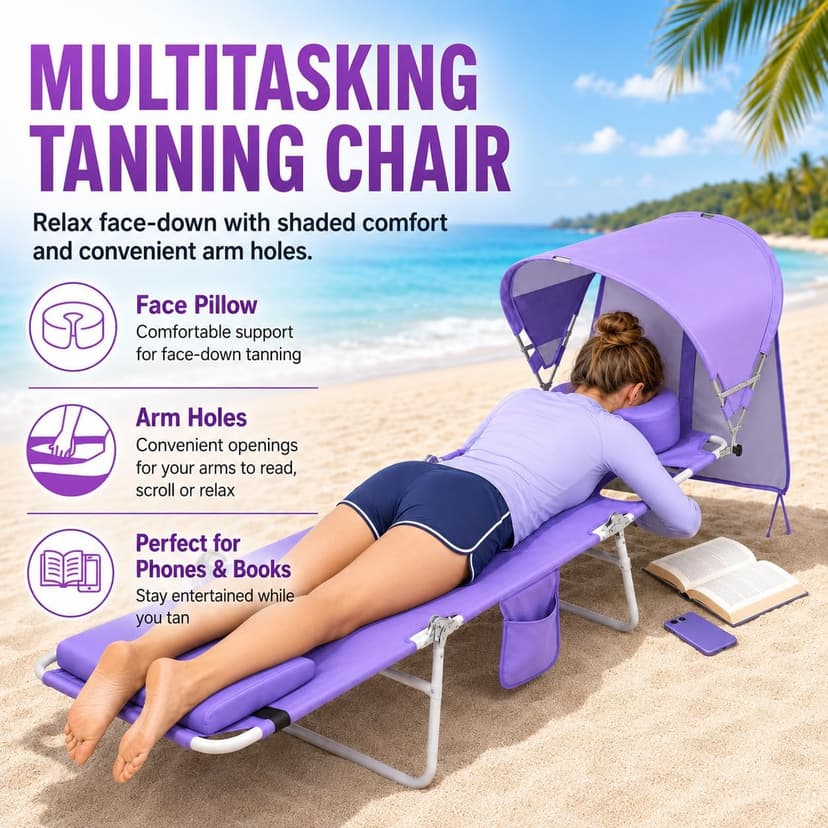 Backpack Beach Tanning Lounge Chair with Canopy Shade Face Hole Padded Adjustable Washable, 6 Position Layout Chair for Outside Sunbathing Poolside Lawn, UPF 50+ Wind-Resistant Sun Shade, Patented