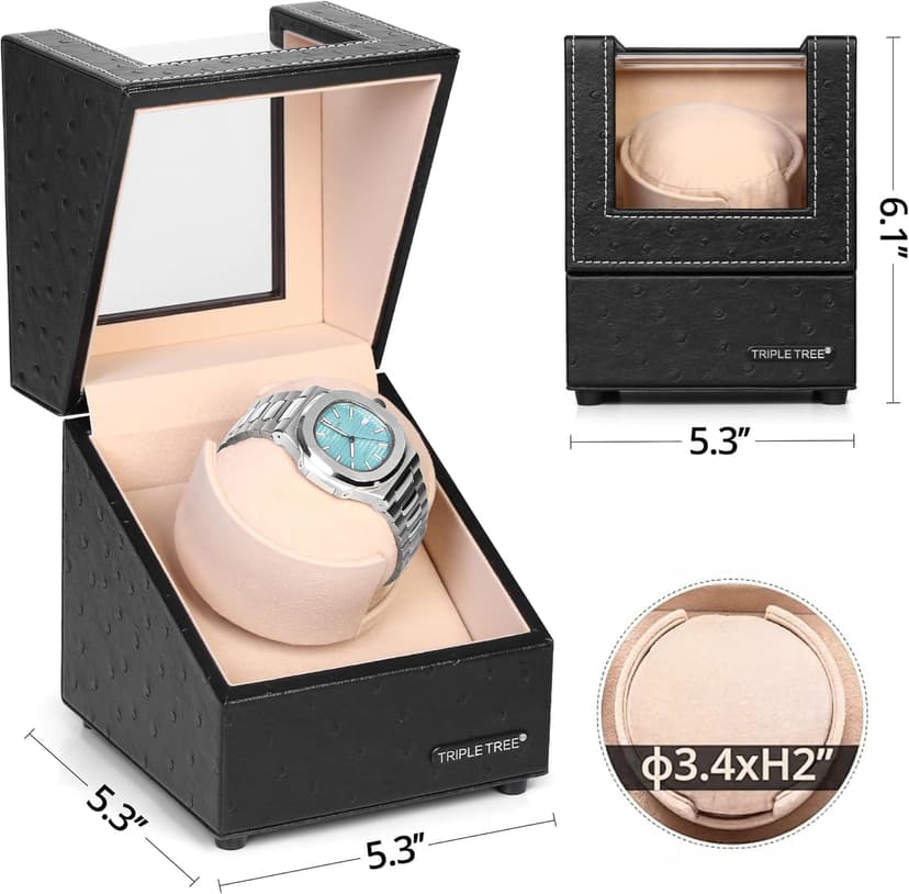 TRIPLE TREE Single Watch Winder for Automatic Watches, with Super Quiet Japanese Motor, 4 Rotation Mode Setting, Flexible Plush Pillow Fit Lady and Man Watches