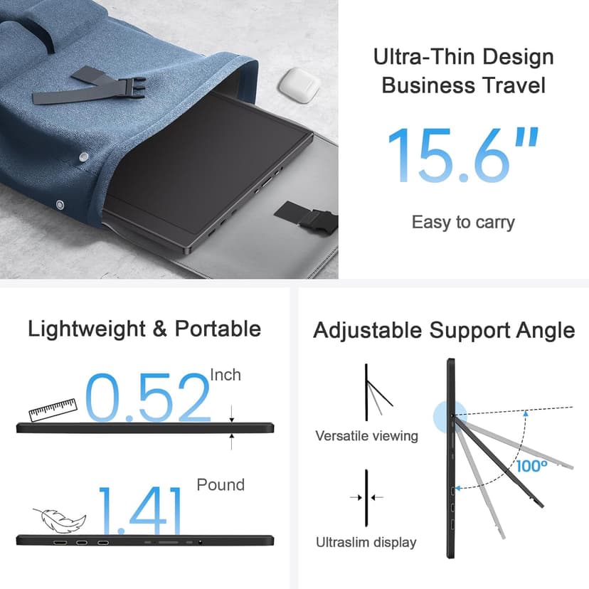 UFYQL Portable Monitor 15.6-inch FHD 1080P Ultra-Slim Travel External Monitor HDR IPS Gaming Display with Kickstand &Speakers USB-C HDMI Plug&Play,for Laptop PC Phone PS4/5 Xbox Switch