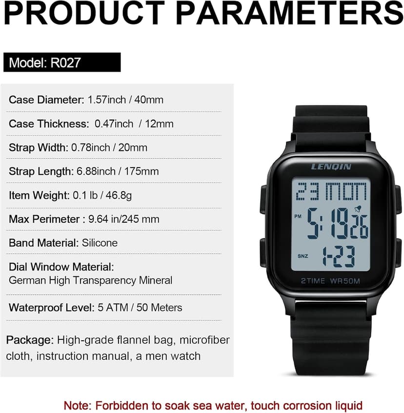 LN LENQIN Mens Digital Watch Ultra Thin Minimalist Sports Waterproof Digital Watches Men Outdoor Wrist Watch for Men with LED Backlight Timer Alarm Date