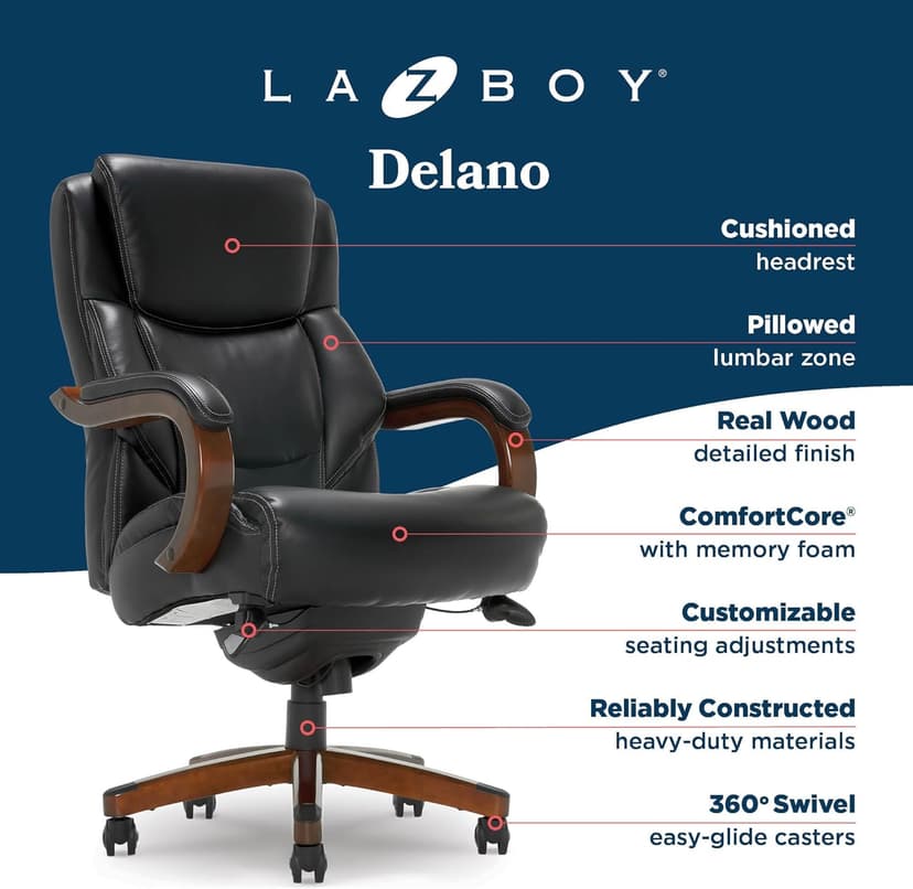 La-Z-Boy Delano Big and Tall Executive Office Chair - Ergonomic Lumbar Support Memory Foam - Bonded Leather Desk Chair for Home Office - Mahogany Wood Arms - Black