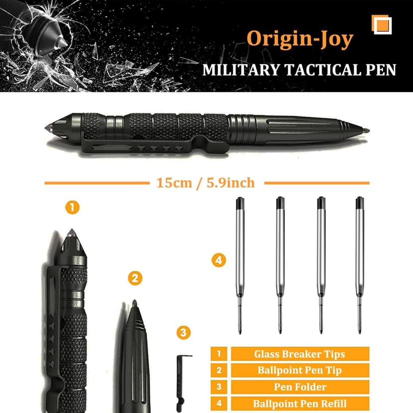 Origin-Joy 2 Pack Tungsten Steel Military Tactical Pen Set, Multifunctional EDC Self Defense Pen With 8 Ballpoint Refills (Black & Gray)