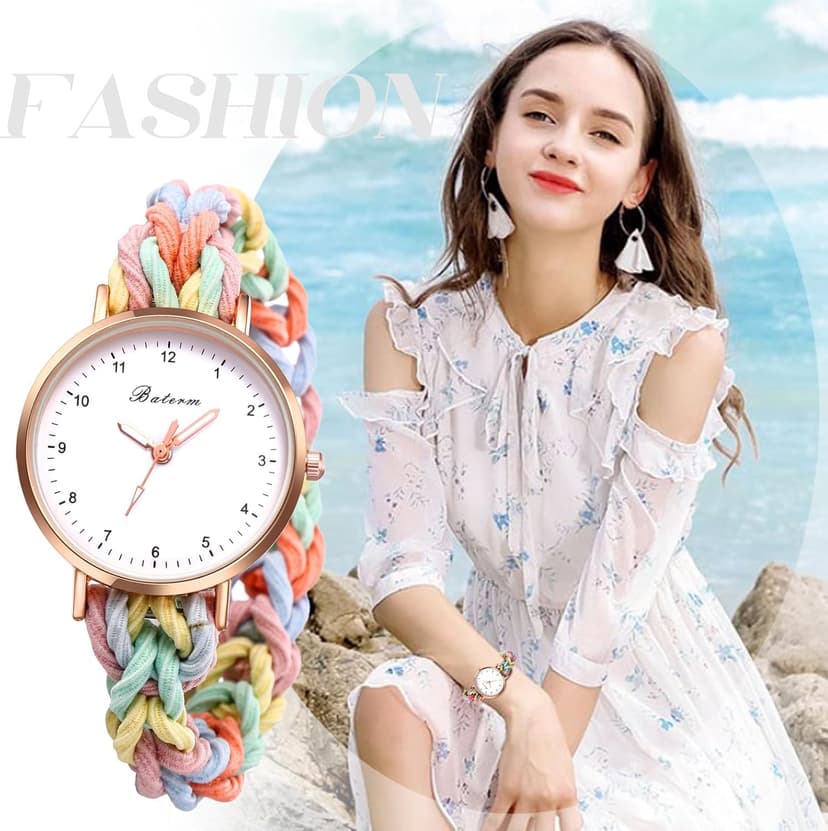 JewelryWe Womens Stretch Band Watches: Analog Quartz Elastic Watch Colorful Weave Rope Expansion Band Wristwatch for Valentine's Day