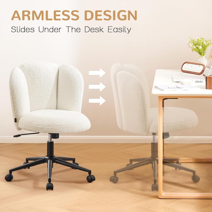 Furniliving Velvet Vanity Chair with Wheels, Adjustable Height Swivel Desk Chair& Lumbar Support, Armless Upholstered Makeup Chair for Bedroom Home Office Study Room (White, Flower)