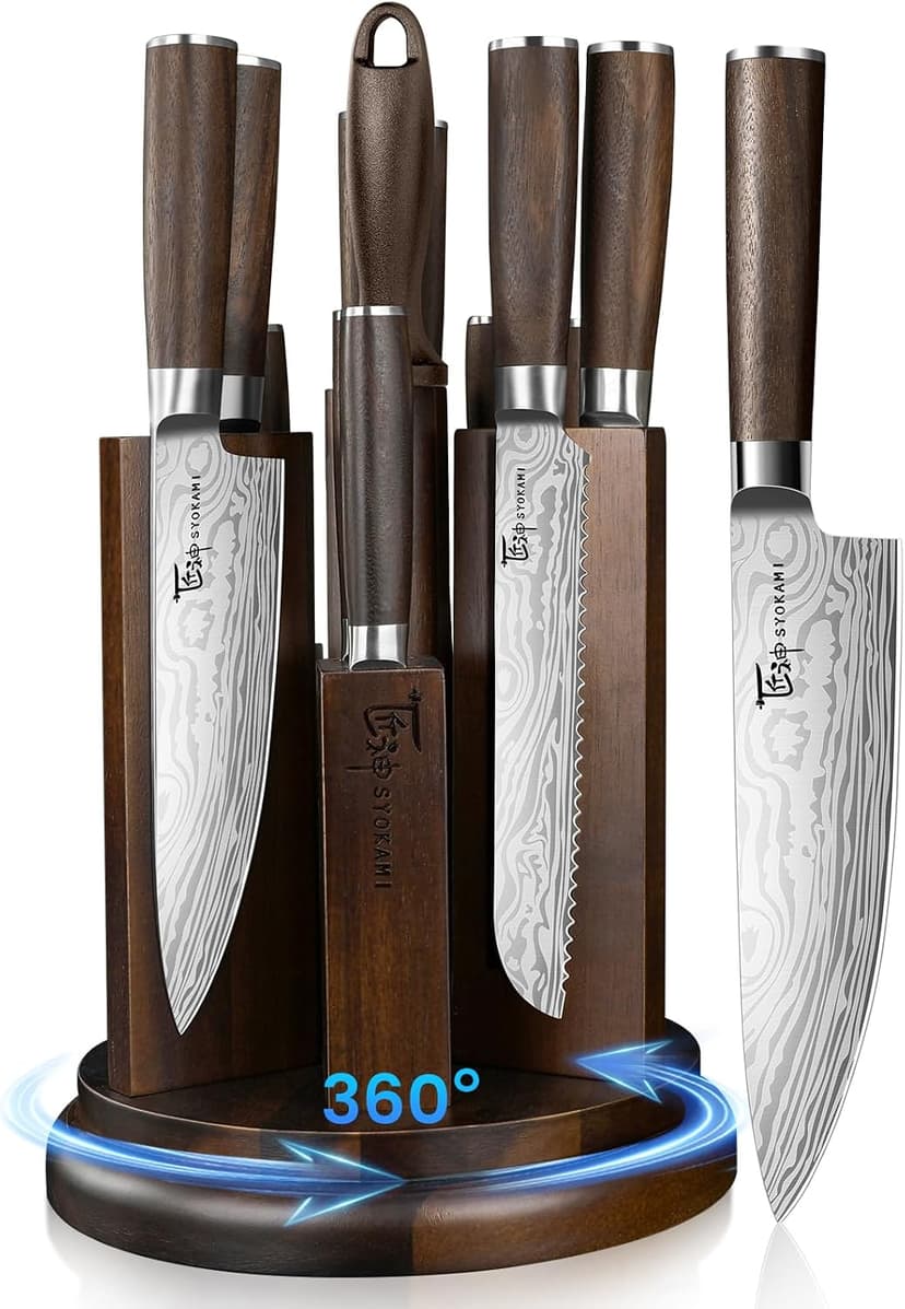 360° Rotatable Block, Japanese Style Chef Knife & Steak Knife Set with Sharpener, Wood Handle, Damascus Pattern, Ideal Gift SYOKAMI 14-Piece Kitchen Knife Set with Magnetic Block, New for 2026 B0CB122YV5