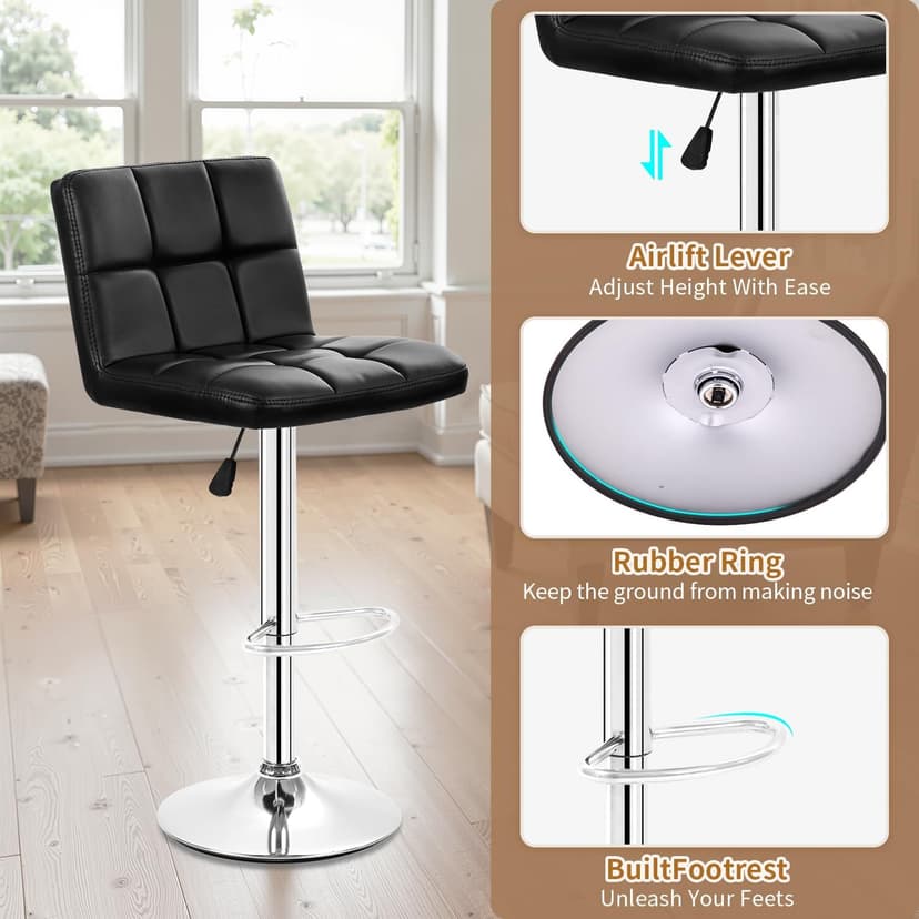 BestOffice Bar Stools Set of 2, Adjustable PU Leather Swivel Barstools, Modern Counter Stools with Back and Footrest, Counter Height Barstools for Bar, Kitchen and Dining Room