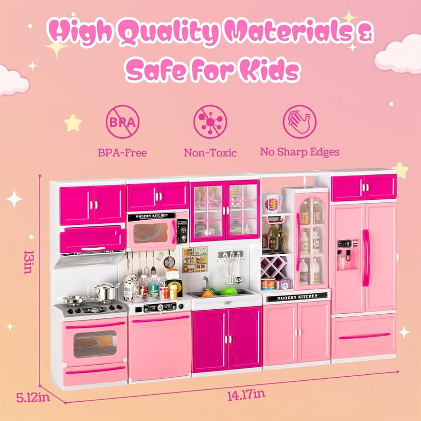 5 in 1 Kids Kitchen Playset Toys with Light & Sound, Doll House Furniture Accessories, 64 PCS Pretend Cooking Food Set, Play Kitchen for Toddlers, Gifts for Girl Ages 3-5 Year Old